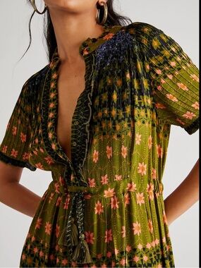 Free People Olive Green & Pink Floral Midi Dress